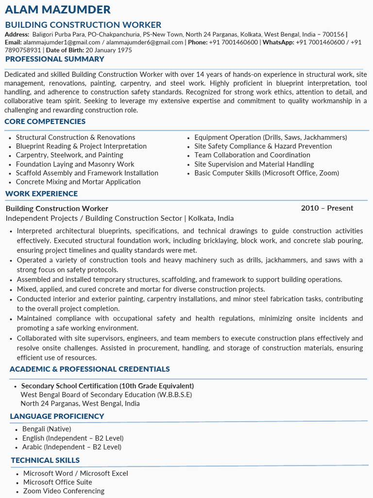 Experienced Building Construction Worker | PDF | Concrete | Carpentry