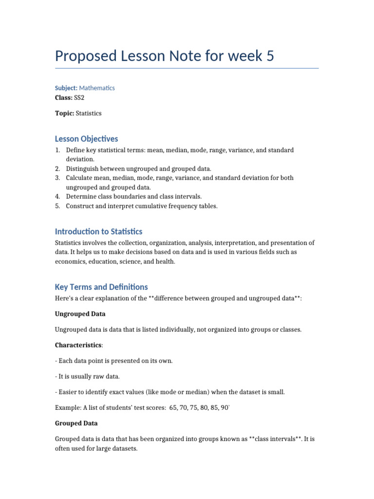 SS2 Mathematics Week 4 Third Term | PDF | Mode (Statistics) | Median