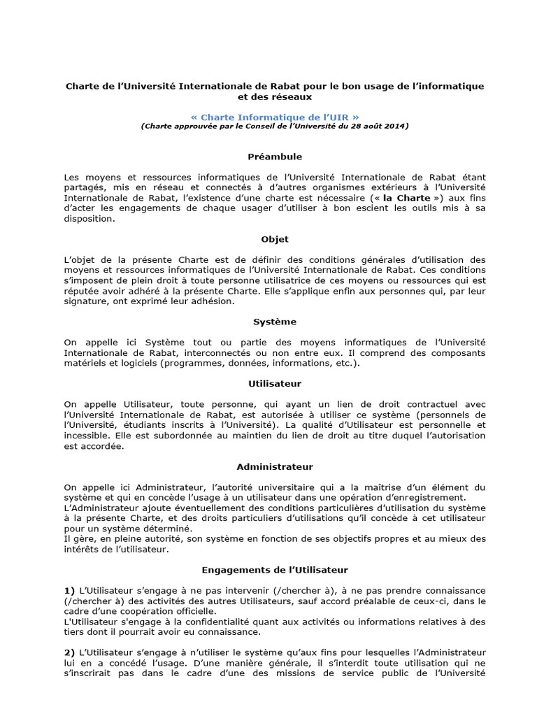 Charte Informatique de l'UIR | PDF | Sécurité des systèmes d ...