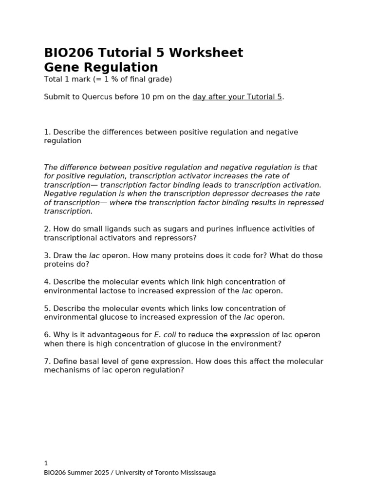 BIO206 Tutorial 5 Worksheet | PDF