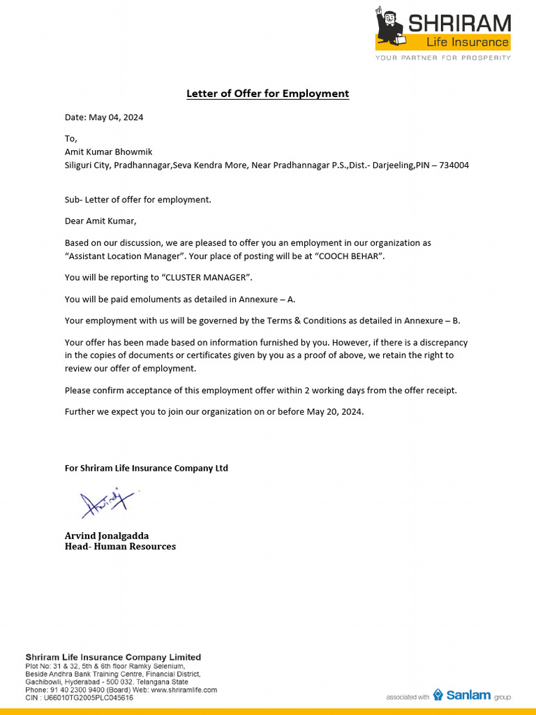 Employment Offer Letter for Assistant Manager | PDF | Employment | Business