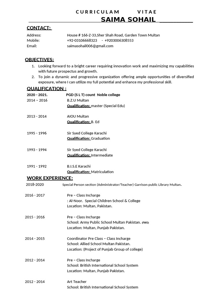 Saima Sohail - Curriculum Vitae | PDF | Pakistan