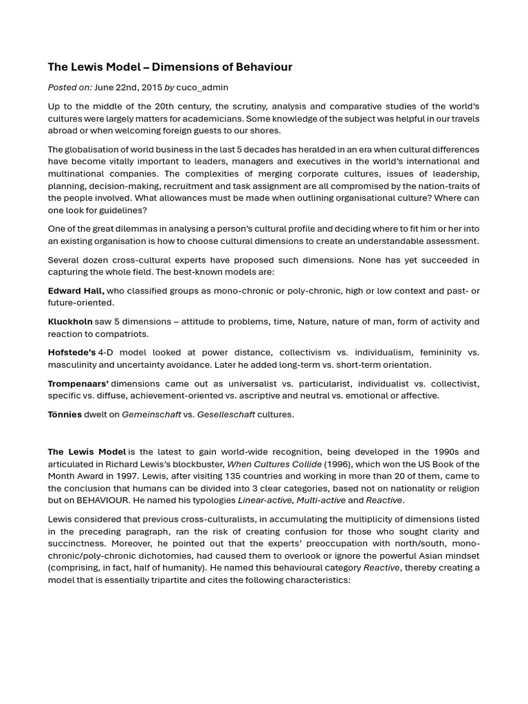 Understanding the Lewis Cultural Model | PDF | Social Psychology ...