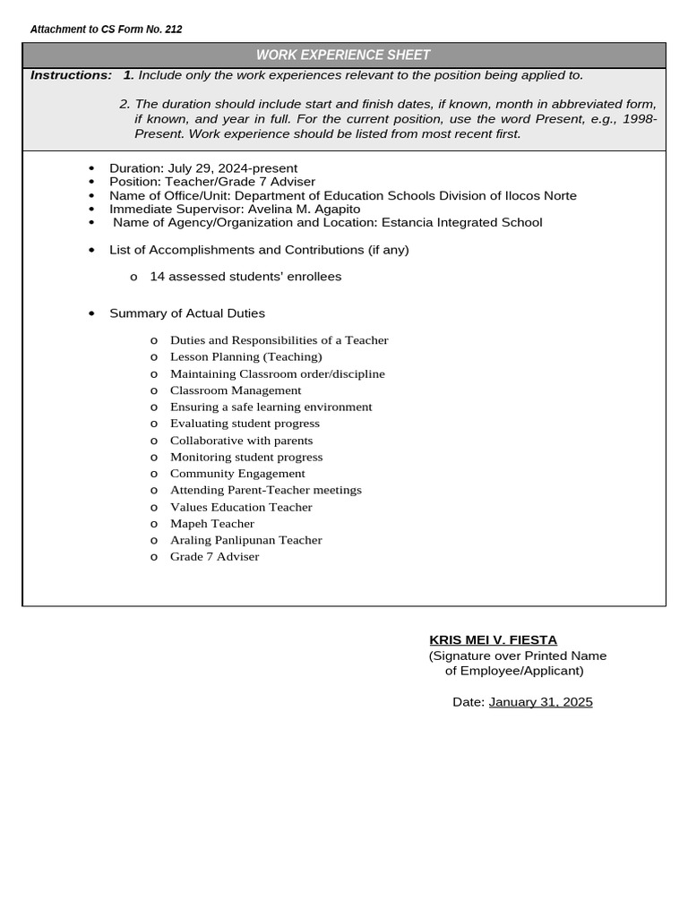 Work Experience Sheet for Teacher Position | PDF