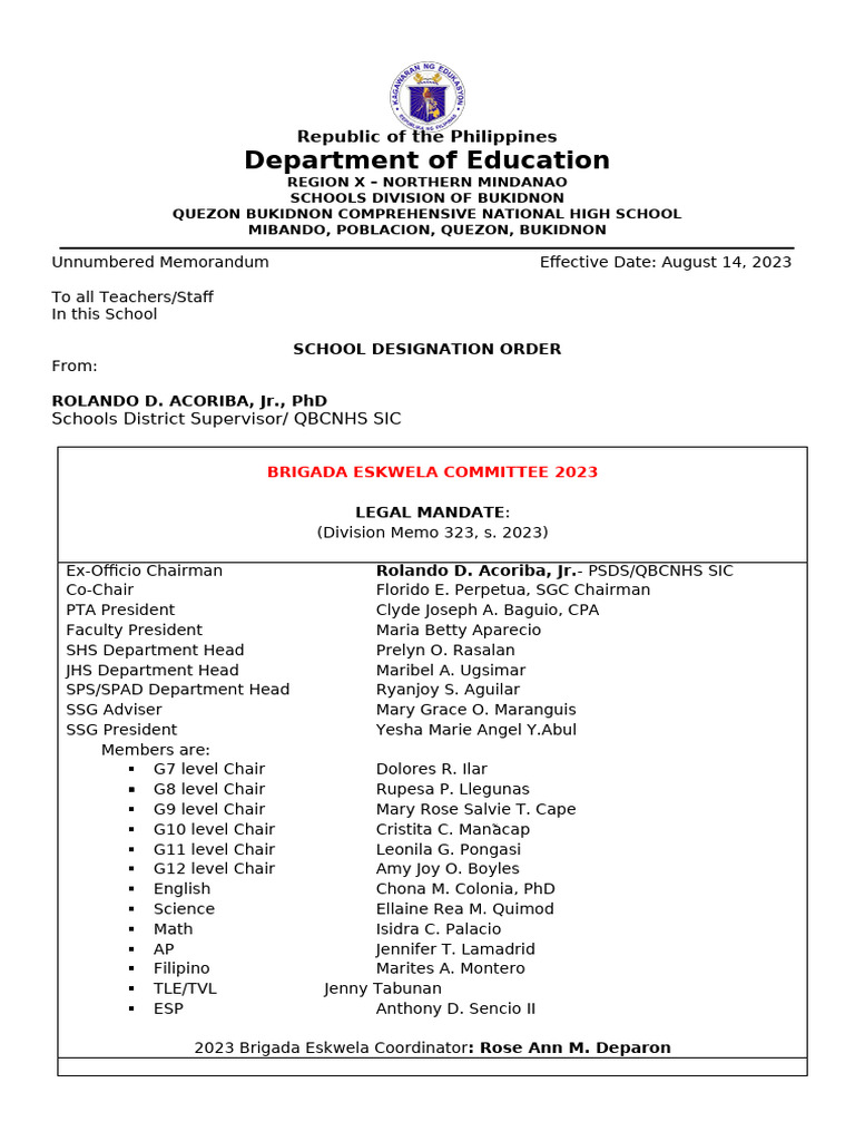 Brigada Eskwela 2023 School Committee Guide | PDF