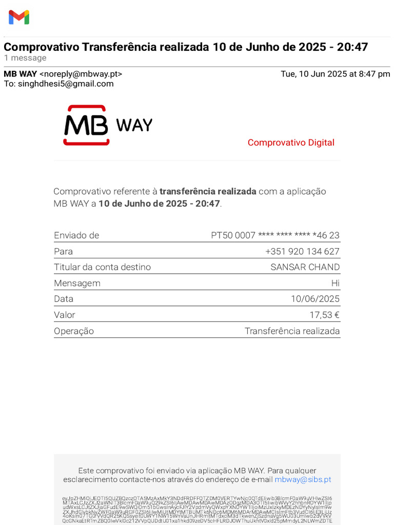 Comprovativo de Transferência MB WAY | PDF