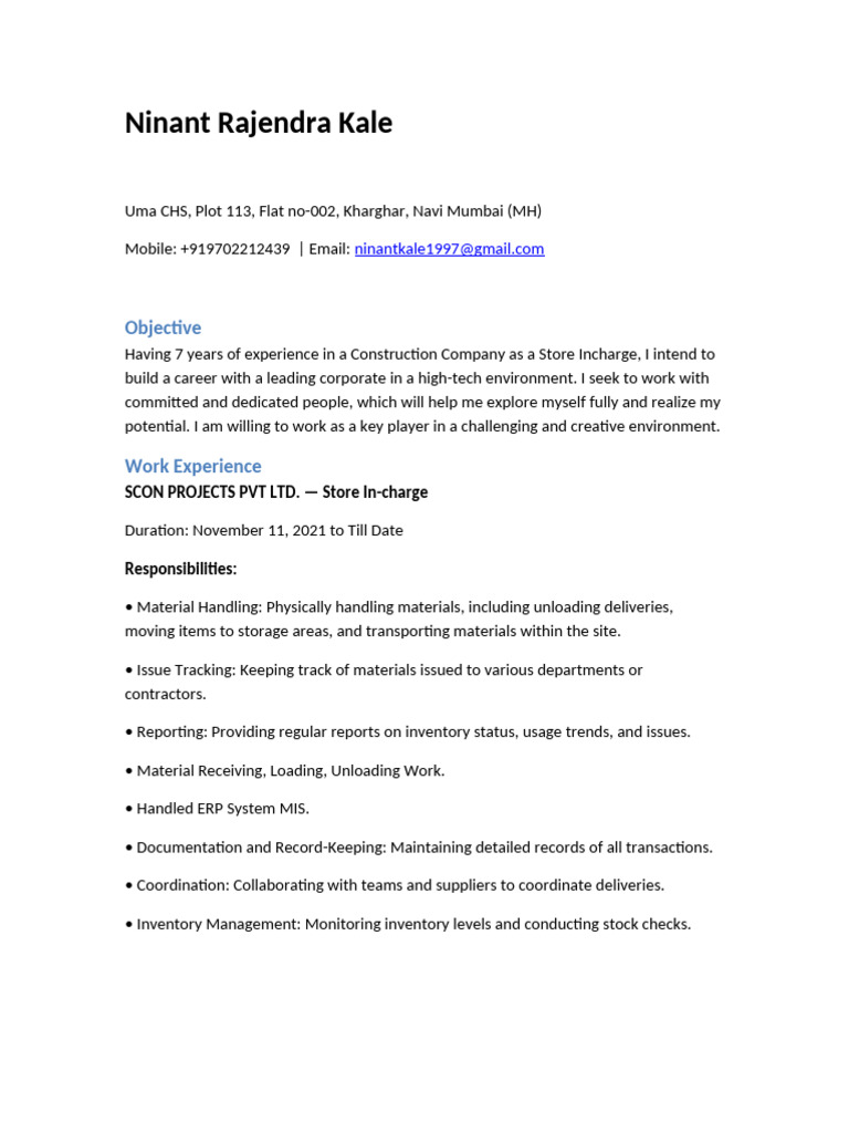 SCON Projects Experience of Ninant Kale | PDF
