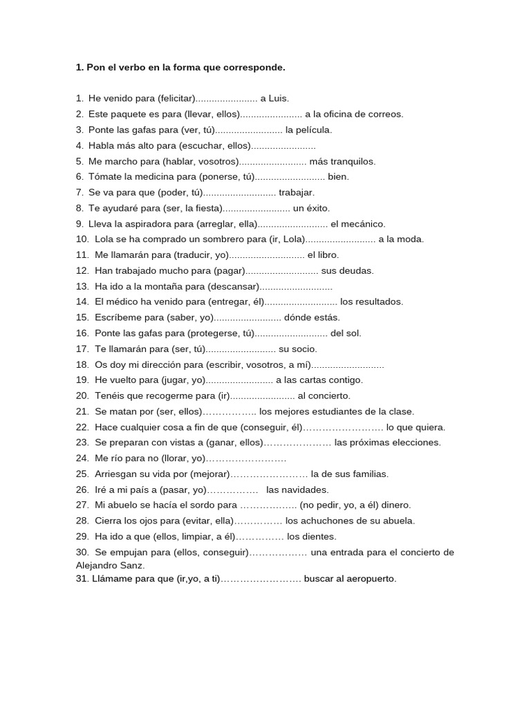Ejercicios de oraciones finales | PDF