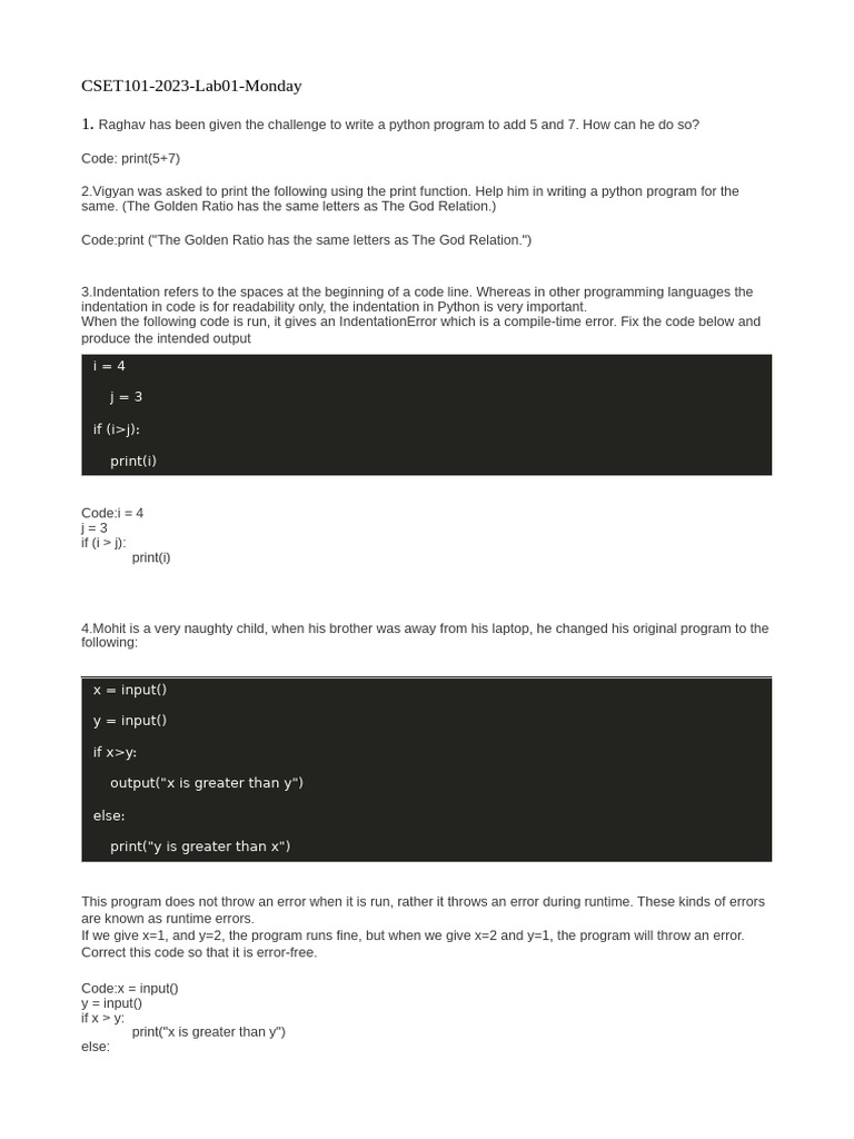 Python Programming Lab Exercises | PDF | Computer Program | Programming
