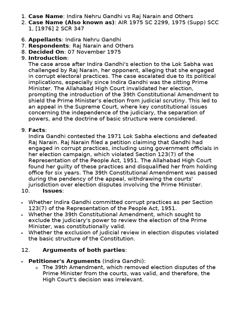 Indira Gandhi Vs Rajnarayan Shortest Summary | PDF | Governance | Justice