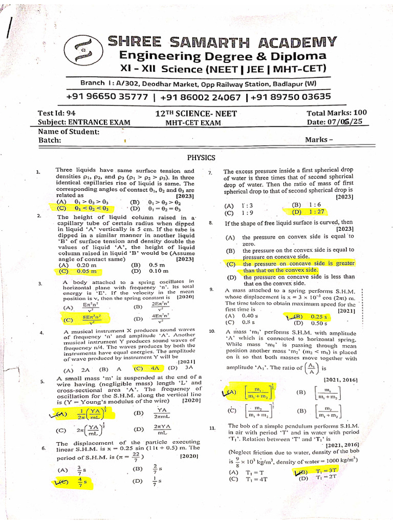 MHT Cet Neet Answerkey | PDF