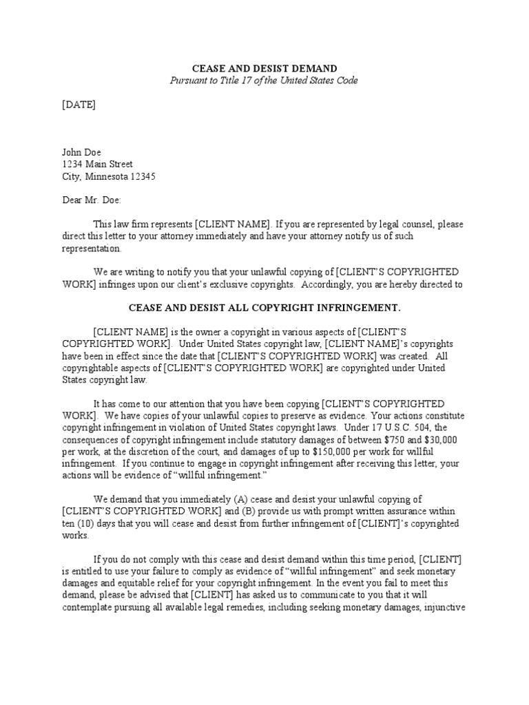 Copyright Infringement Cease and Desist | PDF | Copyright Law Of The ...