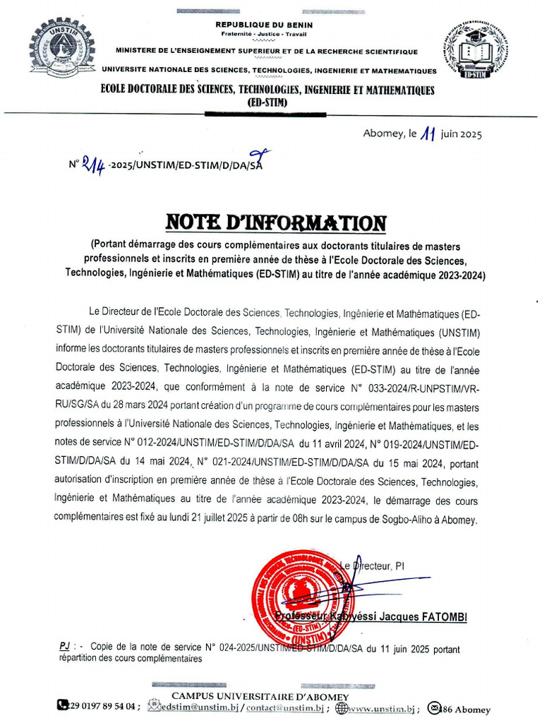 Note D'information Portant Demarrage Des Cours Complementaires | PDF