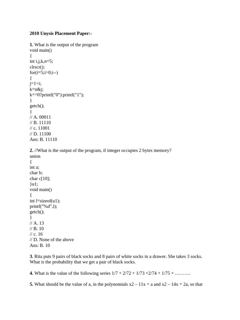 Unisys 2010 Placement Paper Solutions | PDF | Software Engineering ...