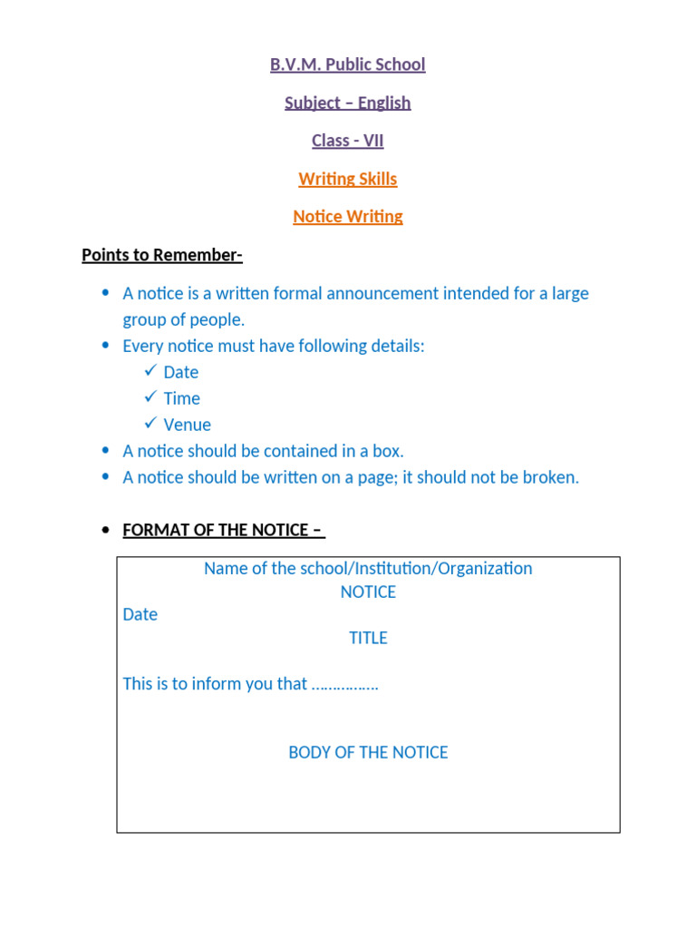 Notice Writing For Class 7 Pdf