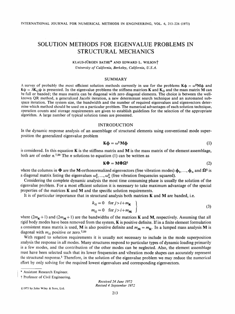 Solution Methods For Eigenvalue Problems in Structural Mechanics | PDF ...