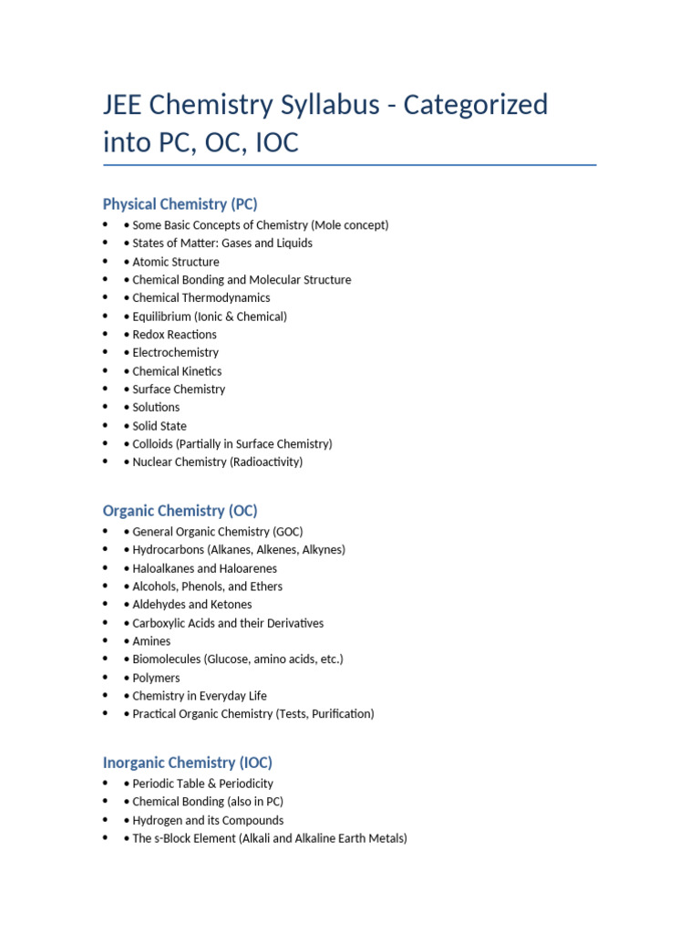 JEE Chemistry Syllabus Overview | PDF