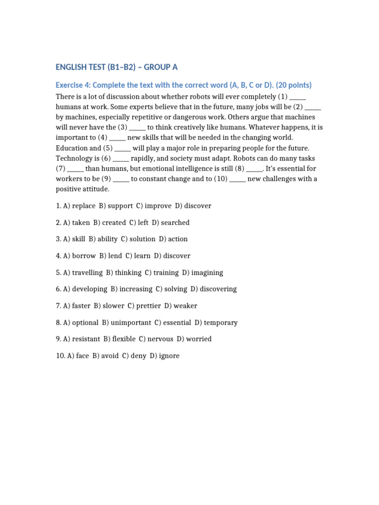 English Test b1 b2 Group A B | PDF | Healthy Diet | Psychology