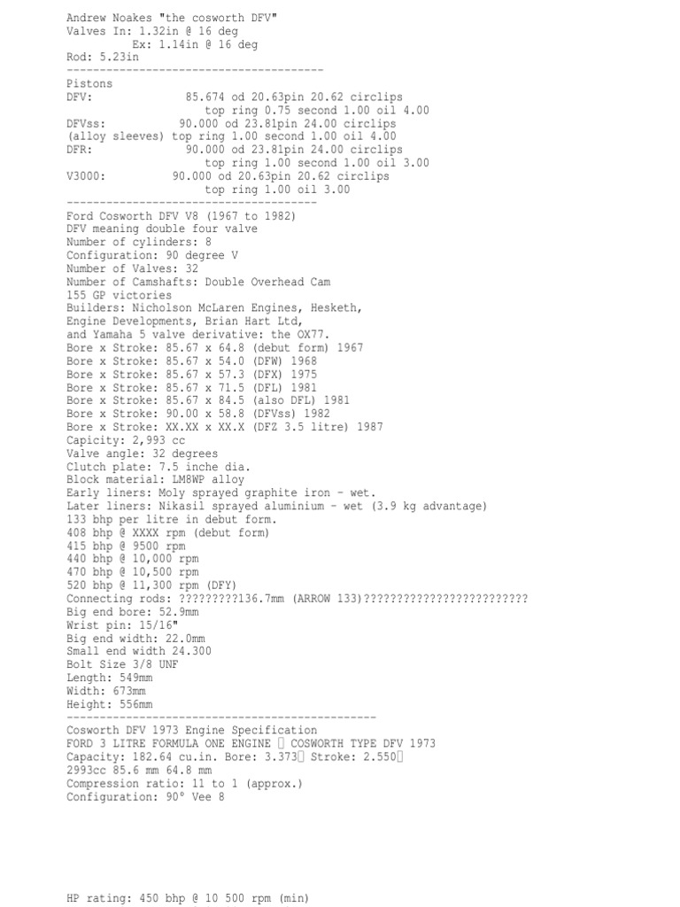 Cosworth DFV Engine Specifications | PDF | Cylinder (Engine) | Distributor