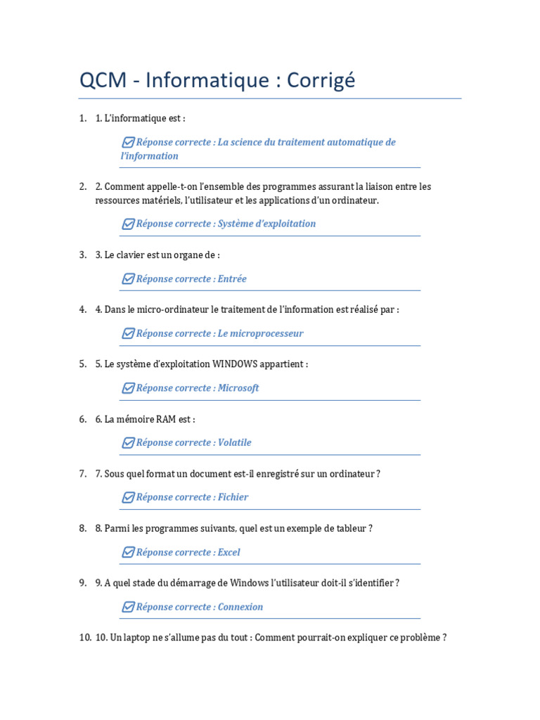 QCM Informatique : Corrigé Débutant | PDF