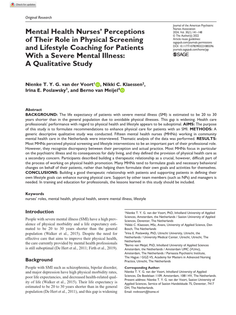 Voort Et Al 2022 Mental Health Nurses Perceptions of Their Role in ...