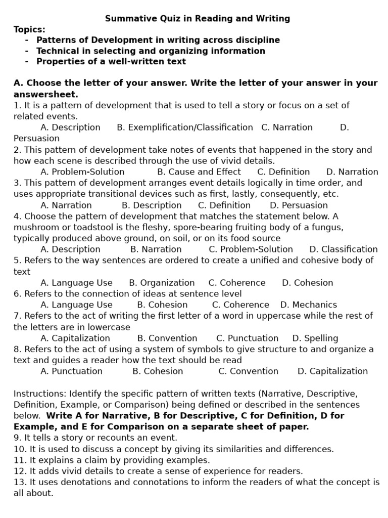 Reading and Writing Patterns Quiz | PDF | Letter Case | Brainstorming