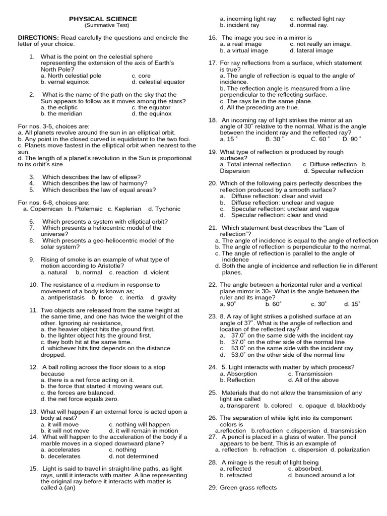 Physical Science Summative Test Questions | PDF | Light | Gravity