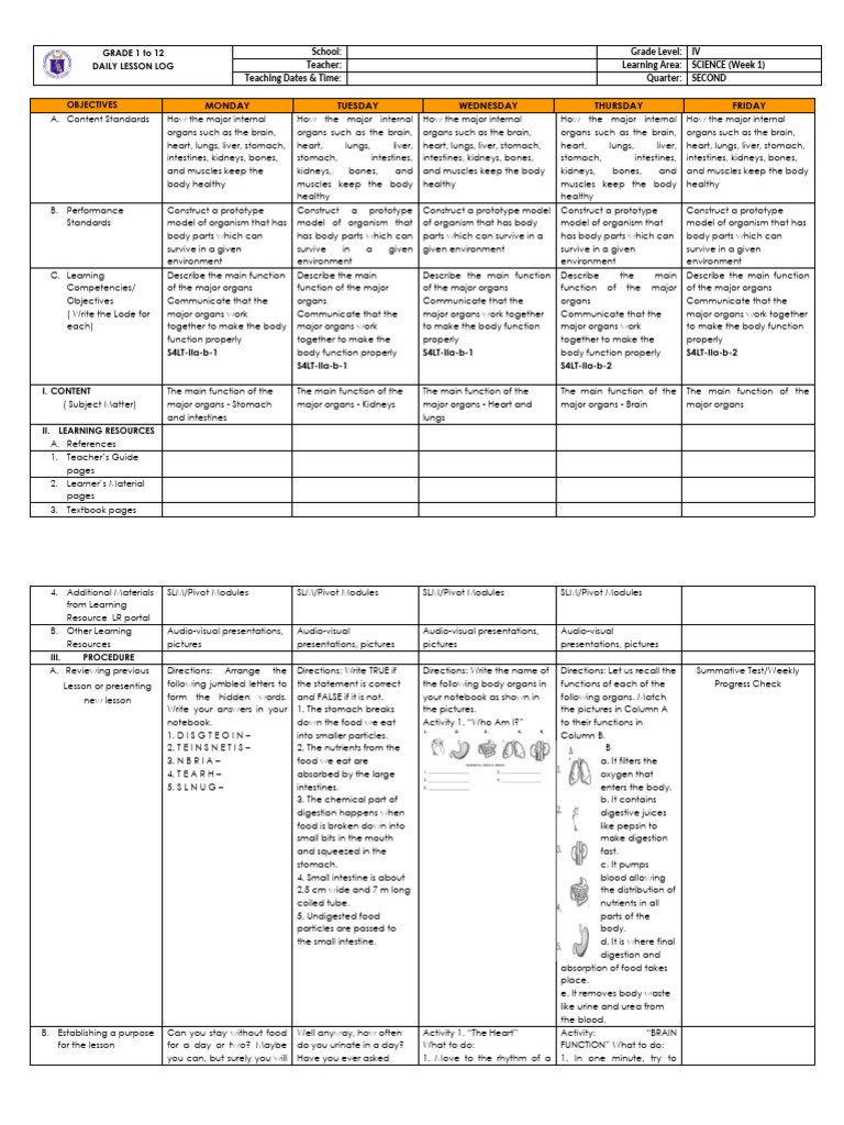 Grade 4 Science Daily Lesson Log | PDF | Human Body | Digestion
