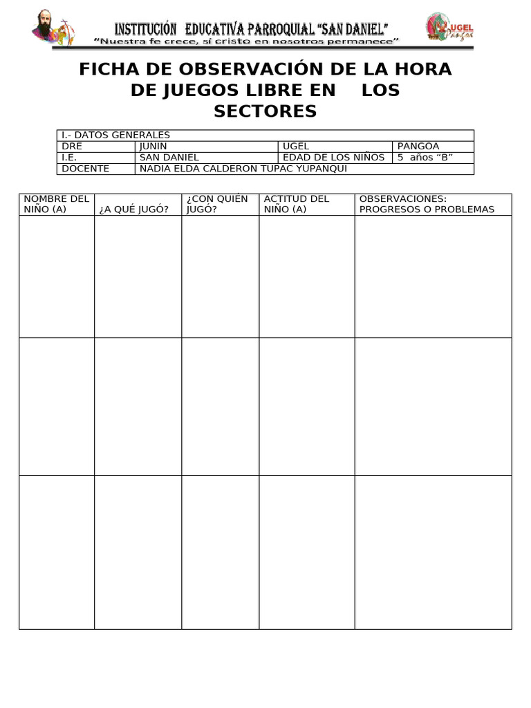 Ficha de Observación de La Hora de Juegos Libre en Los Sectores 2025 5 ...