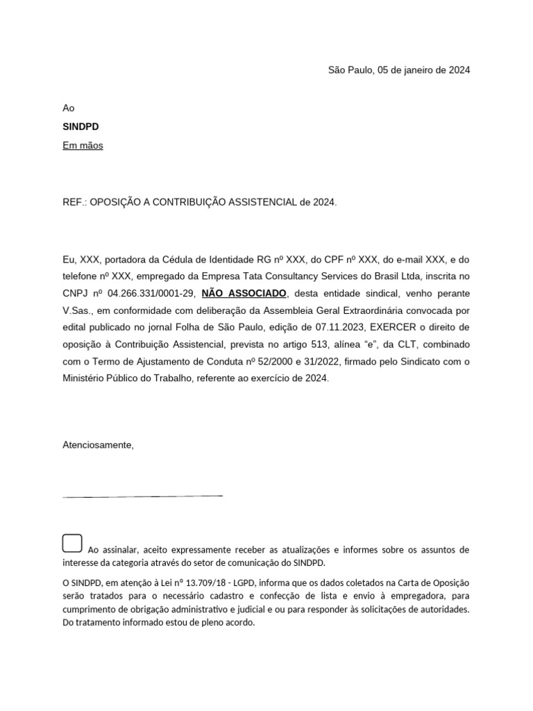 Oposição à Contribuição Sindical 2024 | PDF
