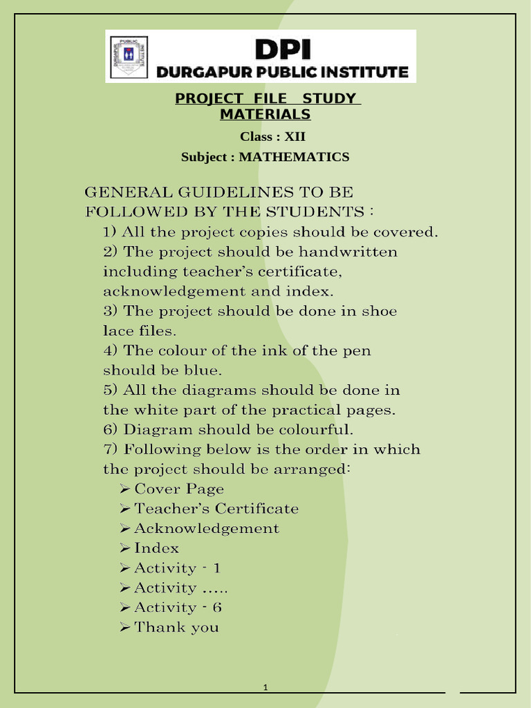 Class 8 Maths Project Index Template | PDF