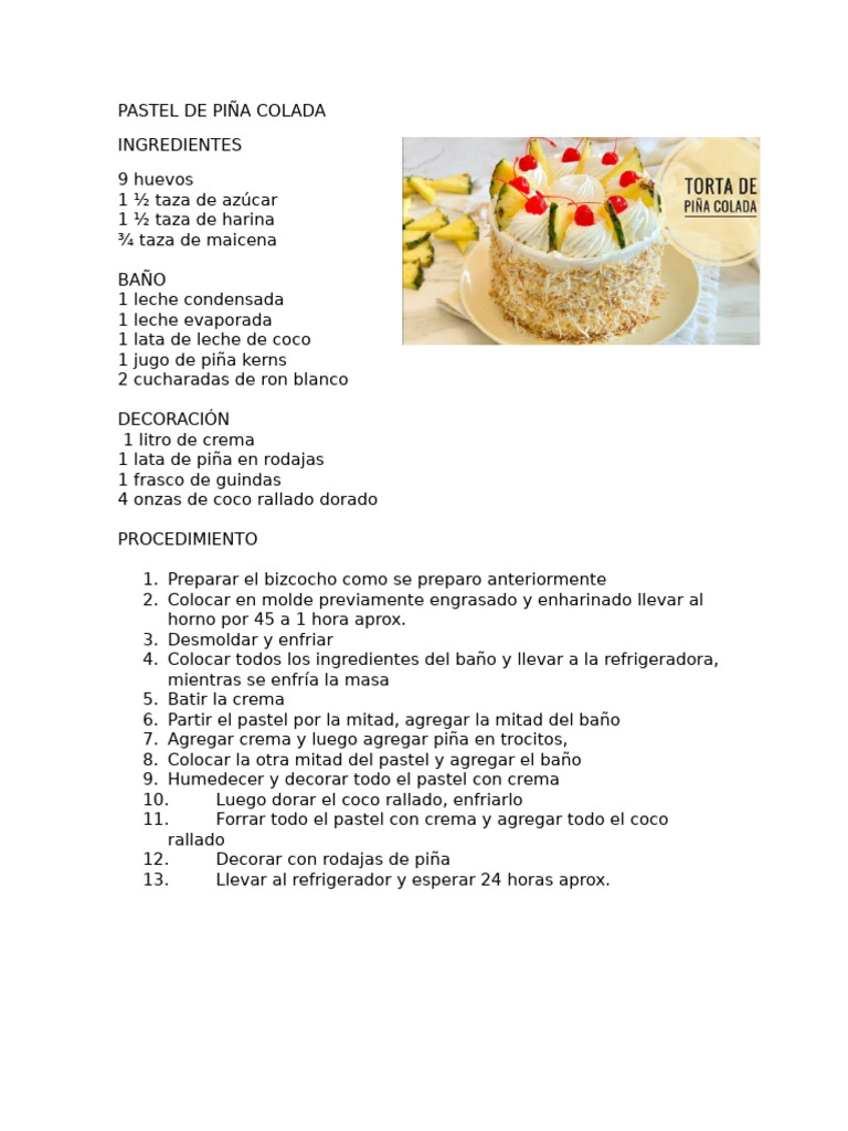 Receta de Pastel de Piña Colada | PDF