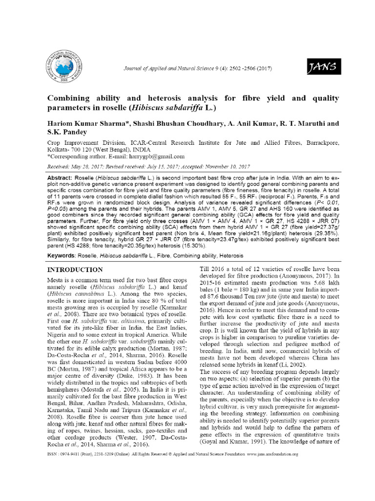 View of Combining Ability and Heterosis Analysis For Fibre Yield and ...