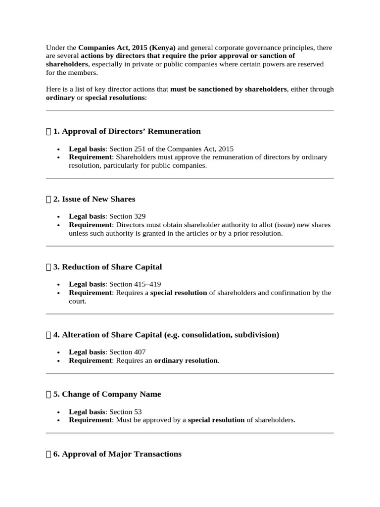 Key Director Actions Requiring Shareholder Approval | PDF | Liquidation ...