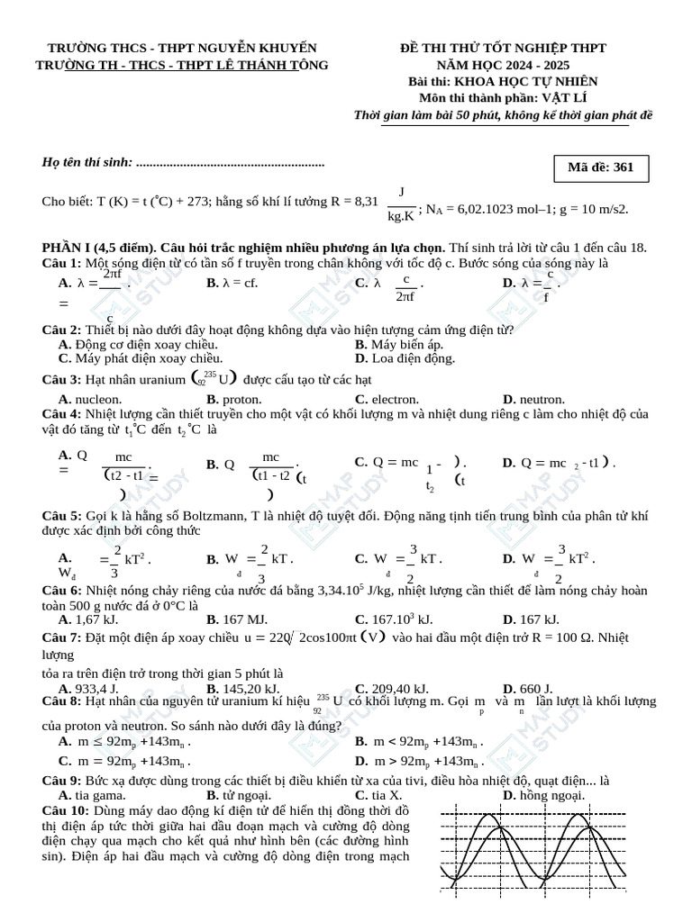 10. Đề thi thử TN THPT - Nguyễn Khuyến - Lê Thánh Tông - Mã 361 | PDF