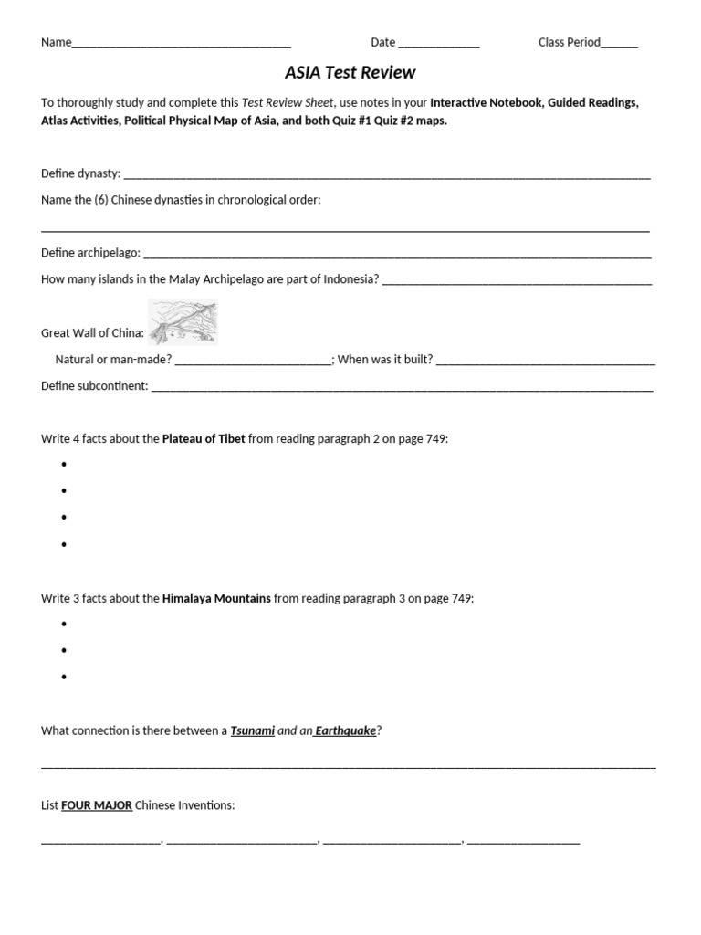 Asia Test Review Sheet for Students | PDF | Himalayas | Asia