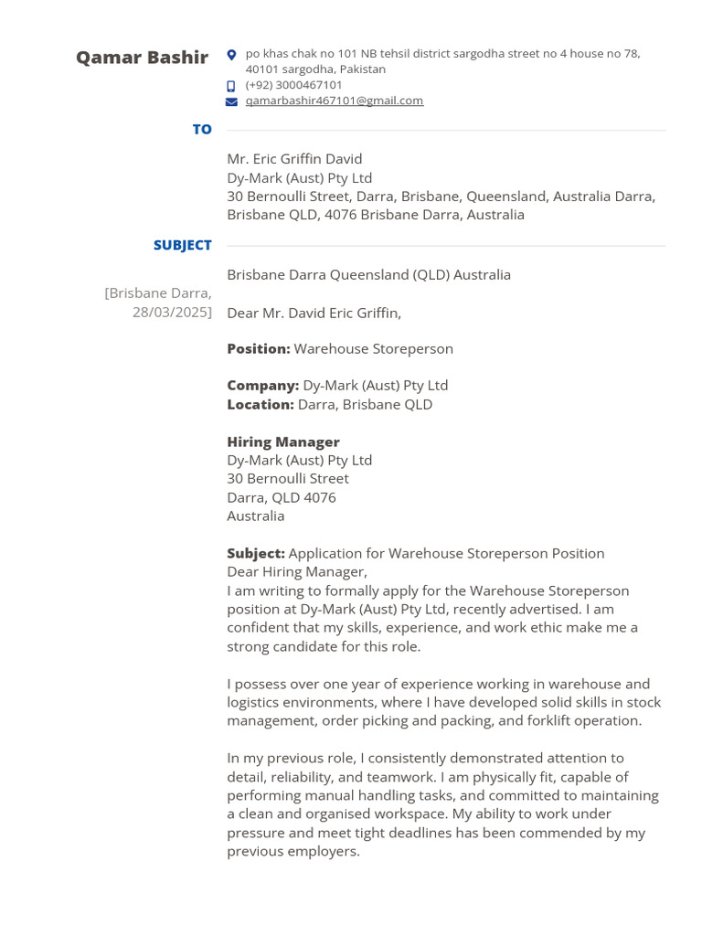 Application for Warehouse Storeperson Role | PDF | Warehouse | Business