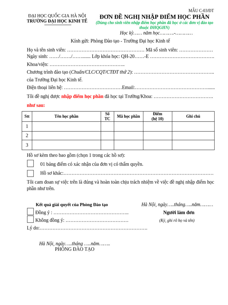BM (D-03 DT) Don Nhap Diem HP | PDF