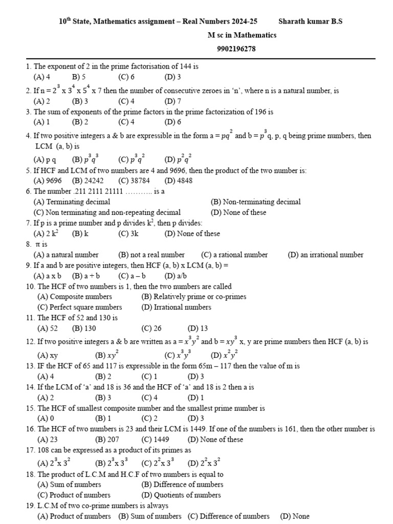 10th Grade Math Assignment on Real Numbers | PDF | Numbers | Prime Number