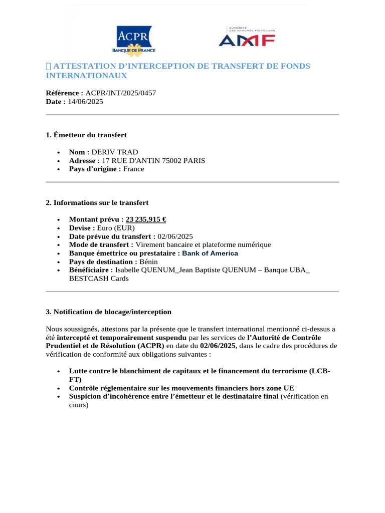 Interception de Transfert de Fonds | PDF | Banques | Argent