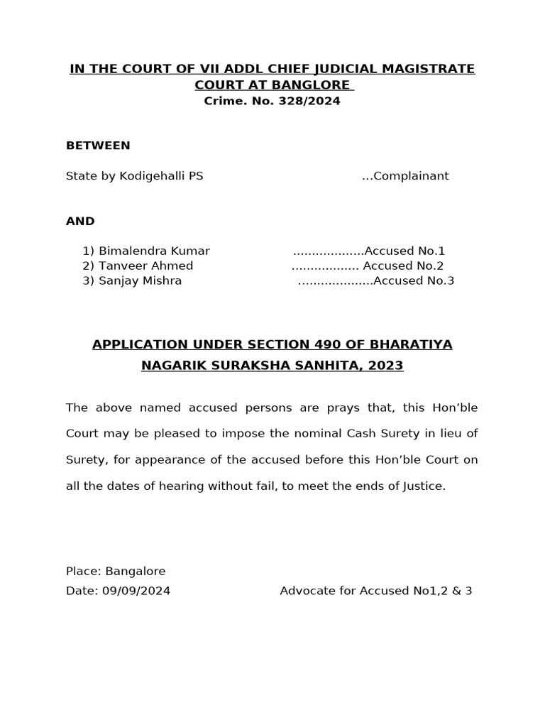 Cash Surety Application Under BNSS 490 | PDF