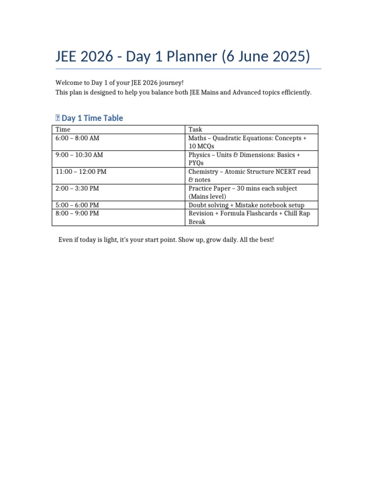 JEE 2026 Day 1 Study Timetable | PDF