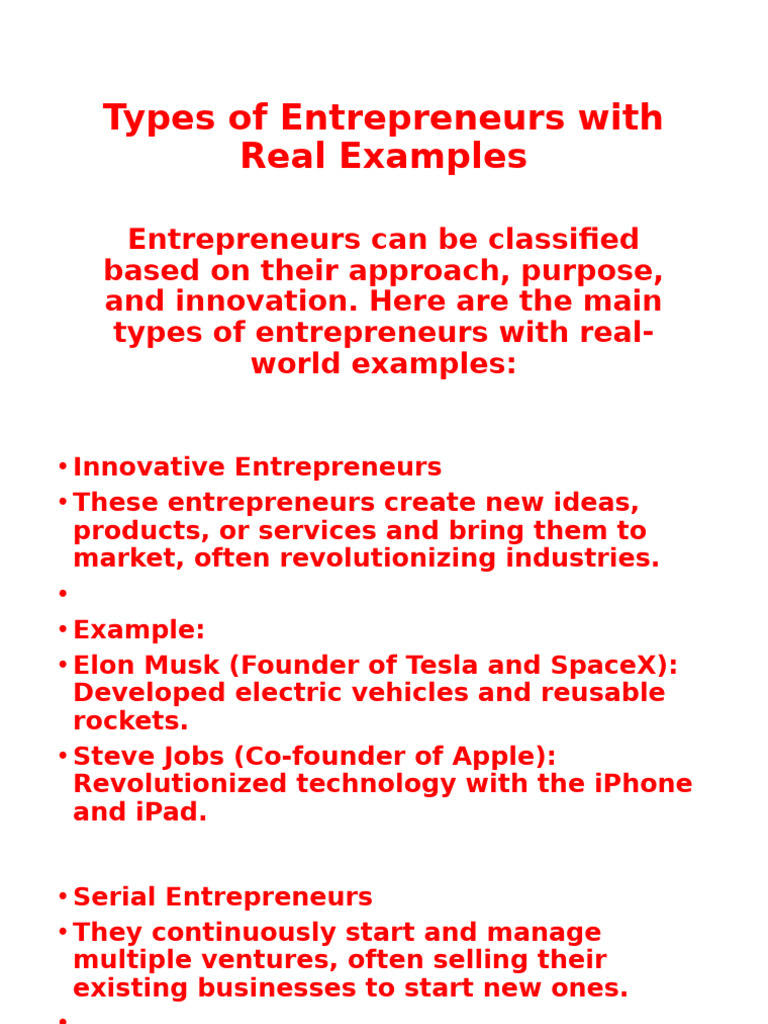 Types of Entrepreneurs Explained with Examples | PDF | Elon Musk ...