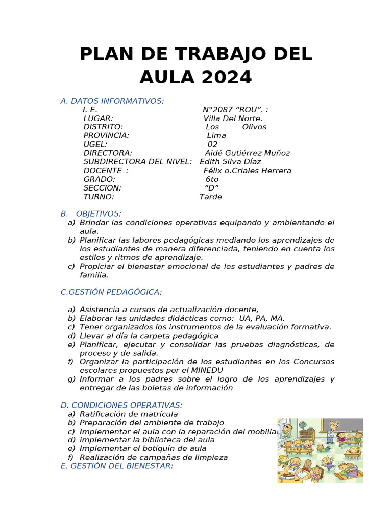 Plan de Trabajo Aula 2024 en Los Olivos | PDF | Salón de clases ...