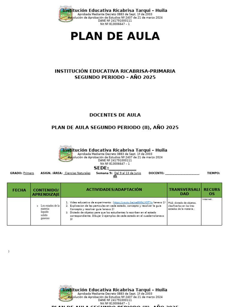 Plan de Aula Ciencias Naturales 2025 | PDF | Cognición | Aprendizaje