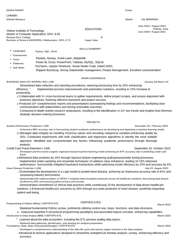 Ishika Rawat: Data Analyst Resume | PDF | Machine Learning | Computing