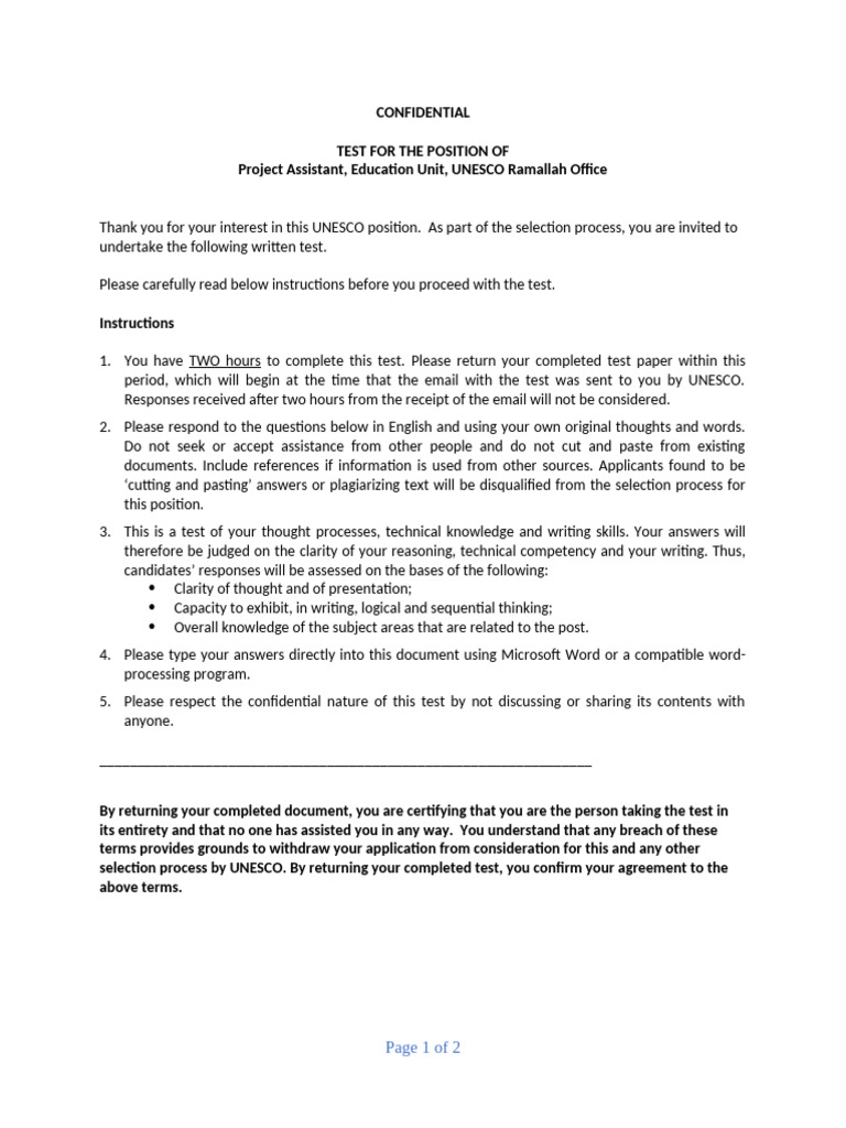 Written Test - Education Assistant - UNESCO Final | PDF | Thought ...
