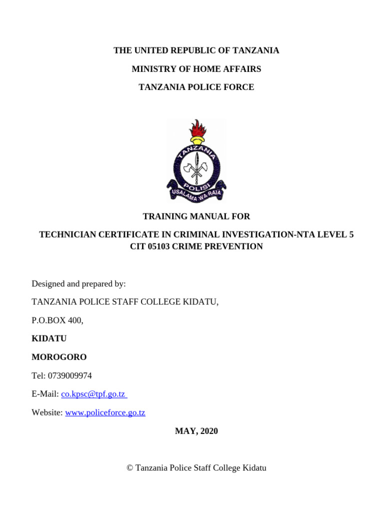 Tanzania Police Crime Prevention Manual | PDF | Crimes | Crime & Violence
