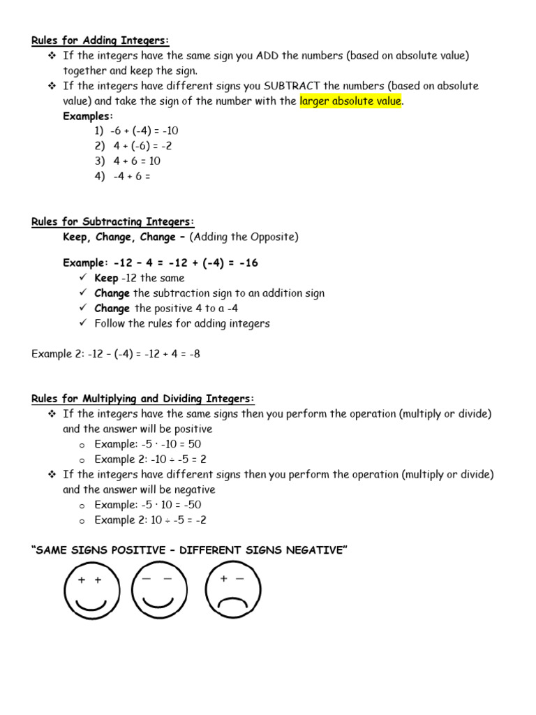 Integer Operation Rules Explained | PDF | Division (Mathematics ...