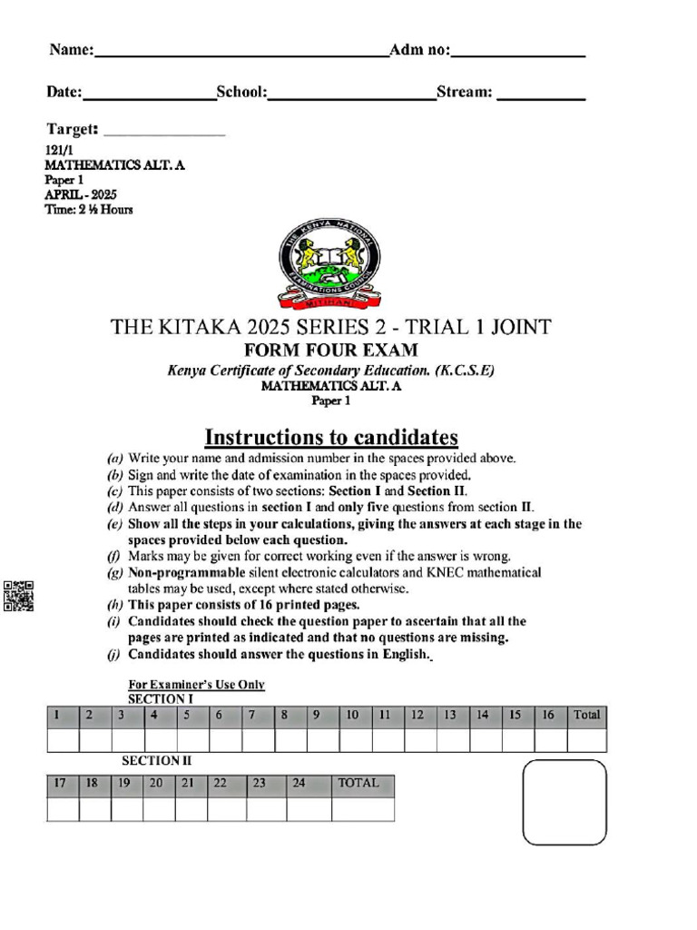 Kitaka Mathematics Paper 1 Term 2 2025 | PDF